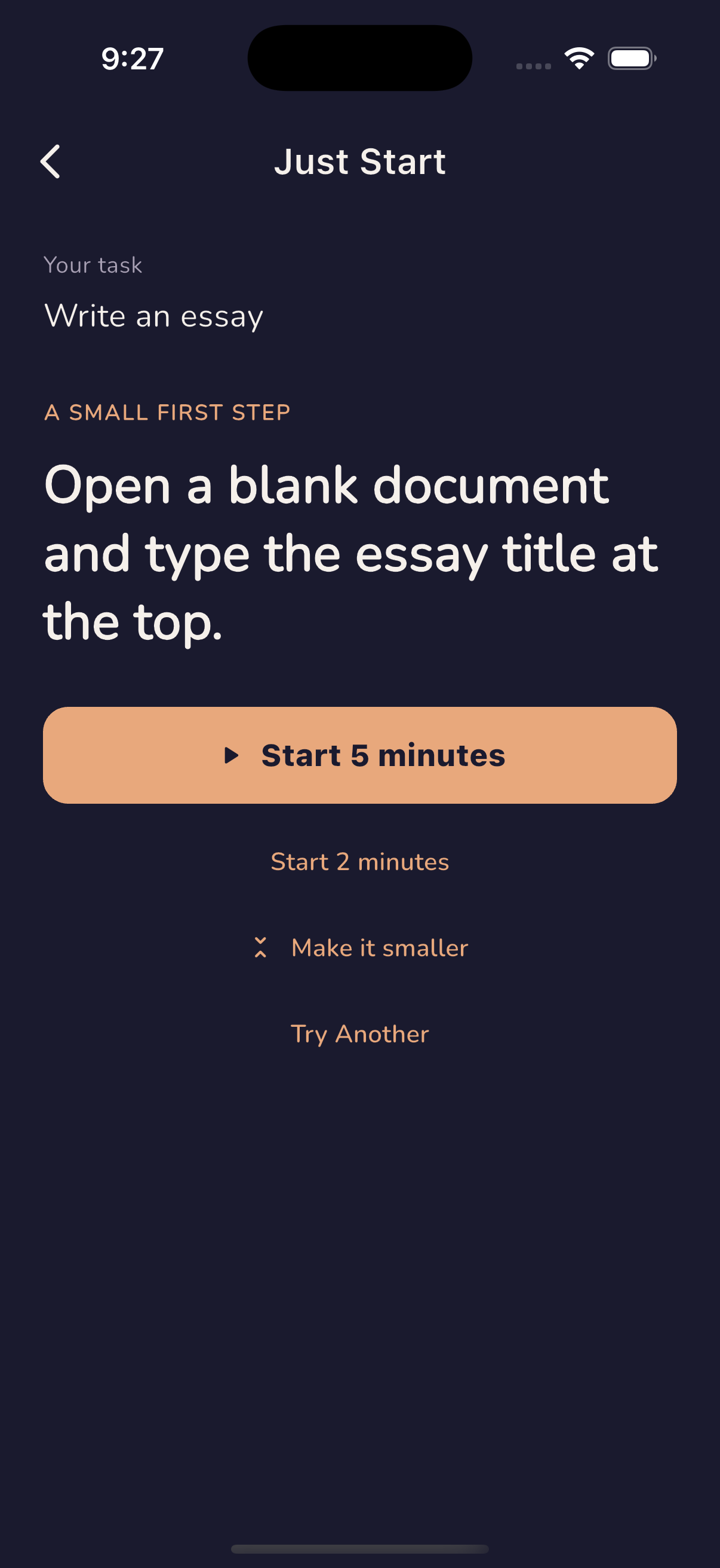 Just Start app showing one small first step and a Start 5 minutes button