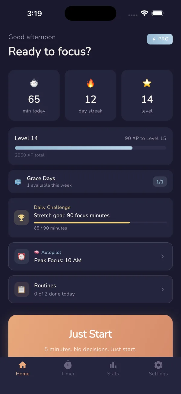 Just Start home screen showing the one-tap Just Start button, focus streak, and daily progress