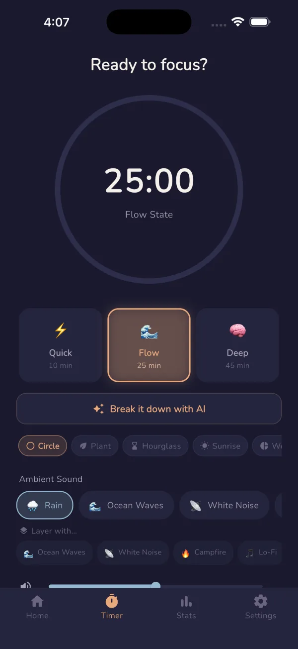 Energy-adaptive focus timer with ambient sounds